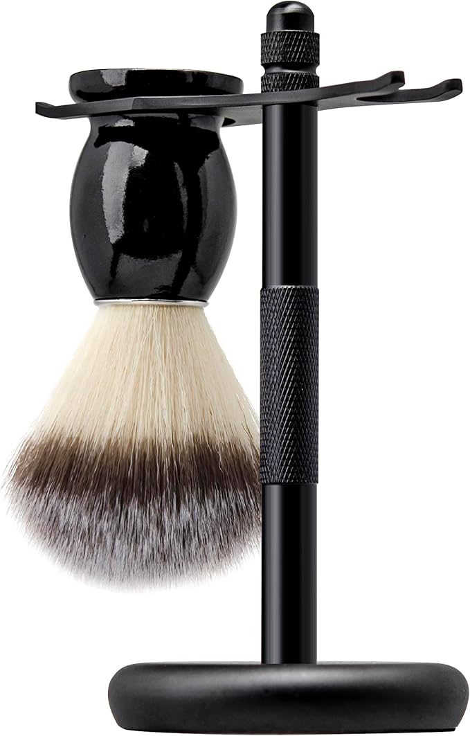 Safety Razor and Brush Stand Holder with Synthetic Hair Shaving Brush with Solid Wood Handle Prolong The Life of Your Shaving Brush