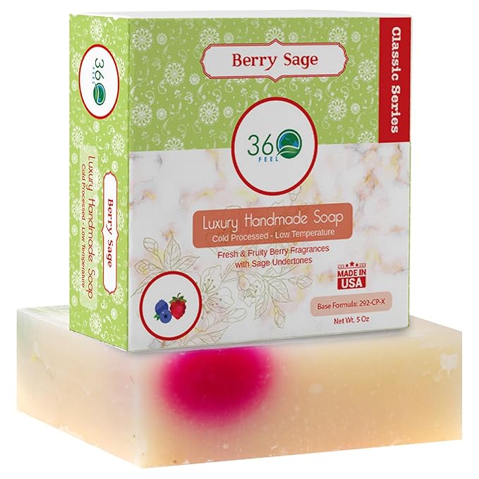 360Feel Berry Sage Soap - Made in USA - Castile Handmade, All-Natural, Cold Processed - Infused with Berry Sage for Refreshing Cleanse, Gentle Moisturizing Care, and Rich Creamy Lather - 5 oz