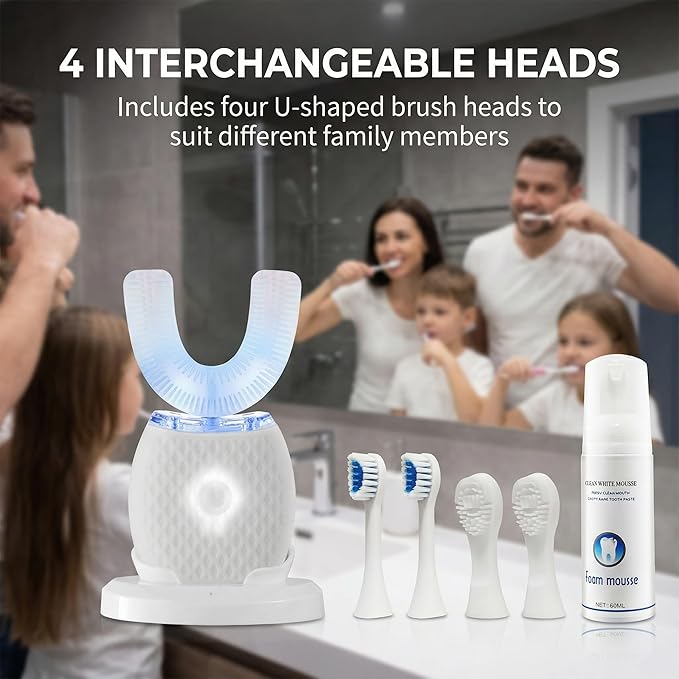 U-Shaped Electric Toothbrush for Adults, Hands-Free Auto Teeth Cleaner with 360° Ultrasonic & Foam Mousse, 4 Brush Heads, LED Light & Charging Base Kit (White)