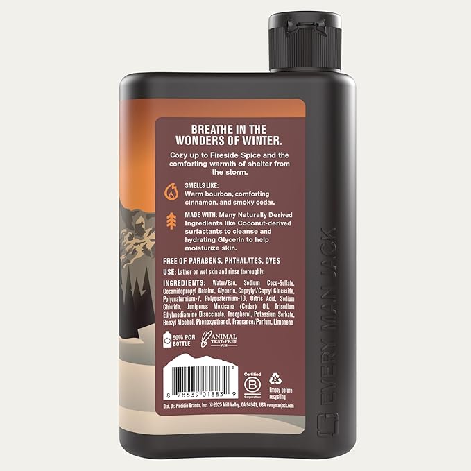 Every Man Jack Hydrating Body Wash - Fireside Spice - Deeply Clean with Glycerin + Naturally Derived Ingredients - 13.5 oz (2 Pack)