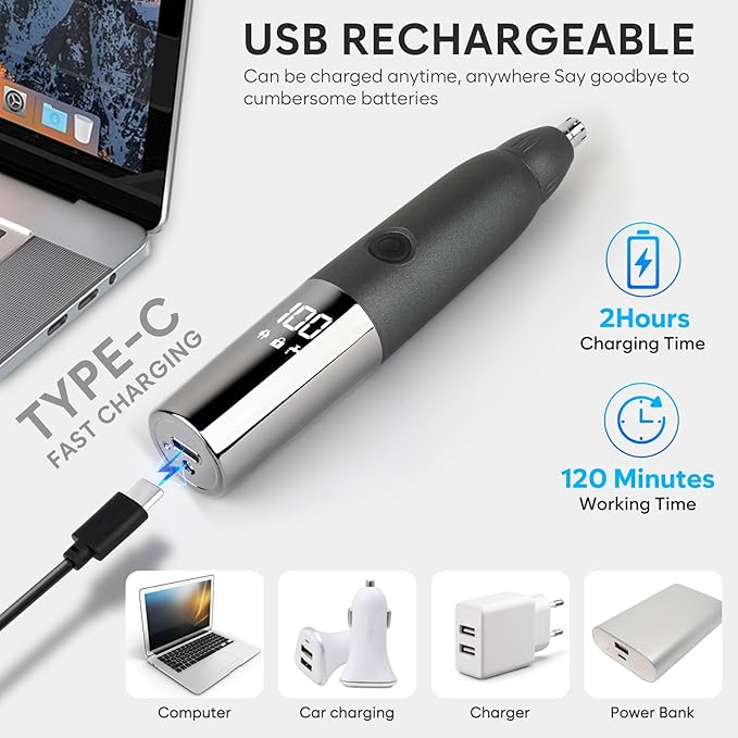 Candofly USB Rechargeable Nose Hair Trimmer for Men - 3 in 1 Ear & Nose Hair Trimmer Eyebrow Clipper with LED Display, IPX7 Waterproof Mens Grooming Kit