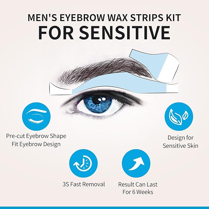 Beauty7 Sensitive Eyebrow Wax Strips, Facial Hair Removal for Men, Eyebrow Waxing Strips, 24 Strip 4 Calming Oil Wipes, Home Waxing for Men