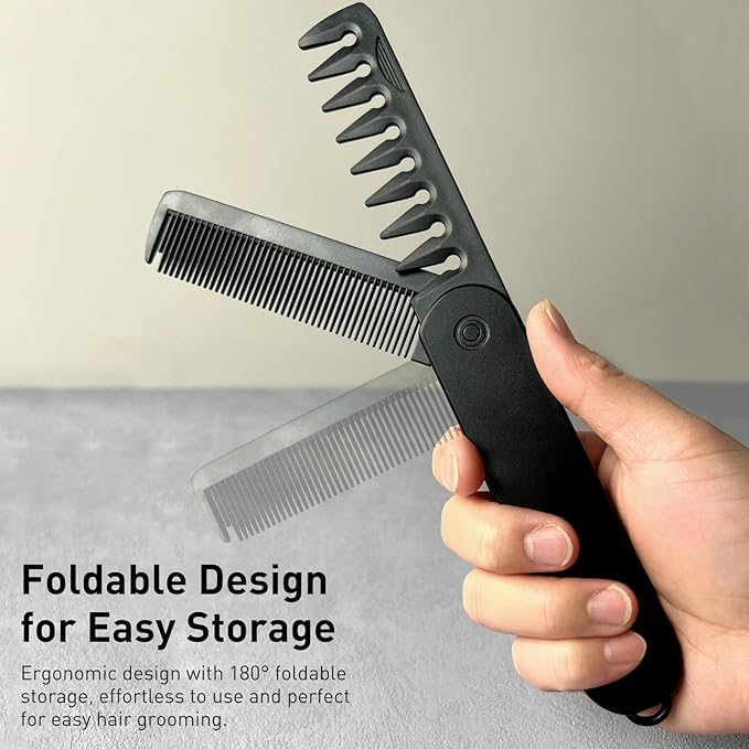 2-in-1 Men's Protable Folding Pocket Comb - Black, Fine & Wide Tooth Comb for Hair and Beard Grooming