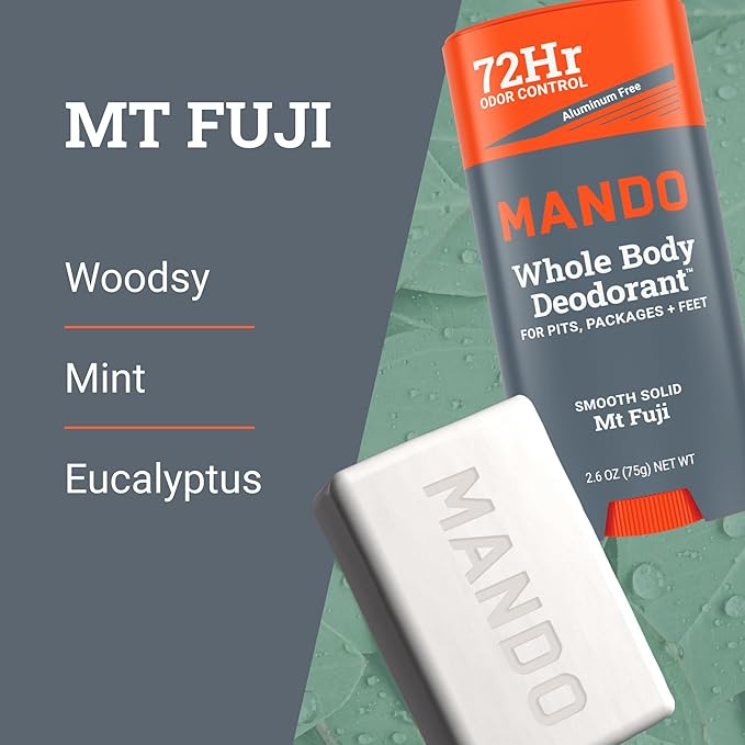 Mando Whole Body Deodorant 3 Piece System - 2.6 oz Smooth Solid Stick, 5.0 oz 4in1 Acidified Cleansing Bar, & 15 ct Deodorant Wipes - Aluminum & Baking Soda Free Odor Control - 3 pc Bundle (Mt Fuji)