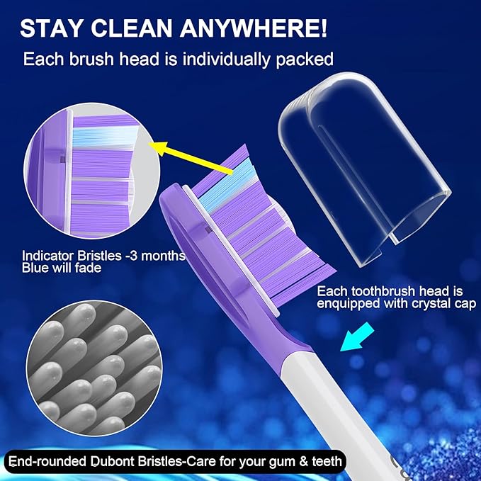 Replacement Toothbrush Heads for Philips Sonicare Electric Toothbrush,Real Dupont Bristles for Sonicare A3 G3 W3 C3 C2 Brush Head, 6 Pack-Purple