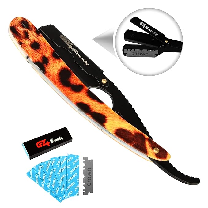 G4 Vision Stainless Steel Straight Edge Barber Shaving Razor with Blade for Close Shaving Men Folding Replaceable Blades (Tiger)
