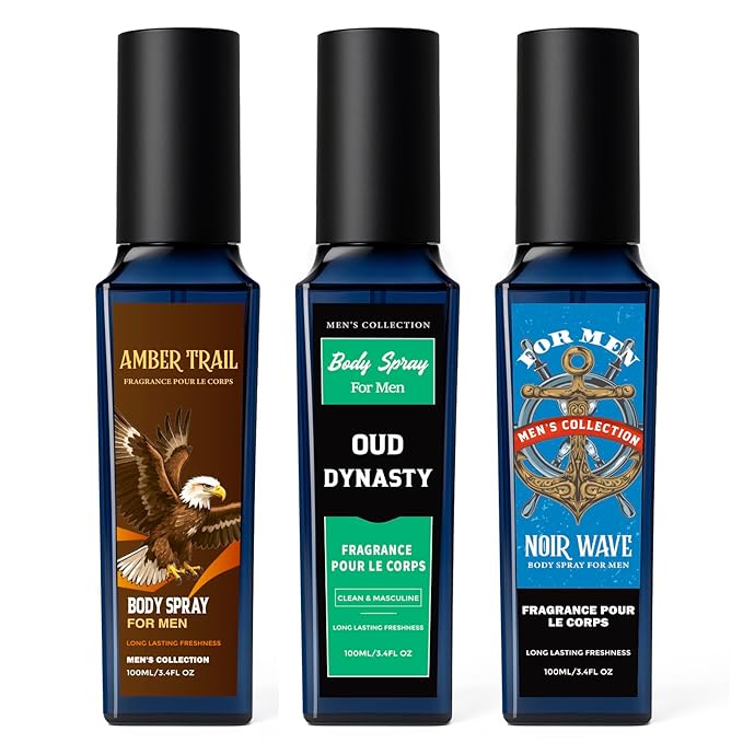 CLESH Fragrance Mist, Body Spray for Men, 3.4 Fl Oz, 3 Pack, Noir Wave, Oud Dynasty, Amber Trail, Long Lasting Mens Body Spray