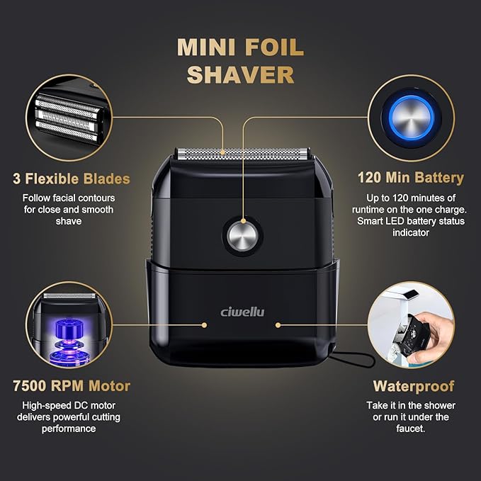 Electric Foil Shavers for Men：Upgraded Mini Electric Razor for Beard with 3 Floating Blades - Cordless Portable Travel Face Shaver USB-C Fast Rechargeable - IPX5 Waterproof(Black)