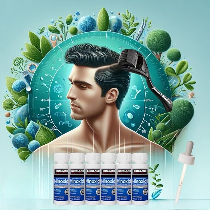 (6 Pack) Kirkland Minoxidil for Men Hair Regrowth Treatment, Liquid Extra Strength 5% Topical Solution, 6 Months Supply - Dropper Applicator and Microneedle Roller Included - Minoxidil Kirkland