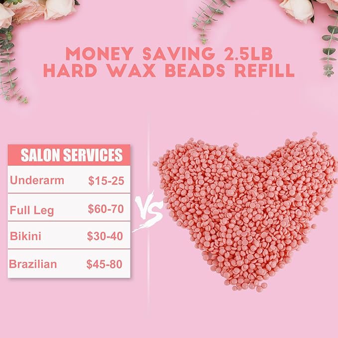 2.5lb Hard Wax Beads, Scented Stripless Wax Bead for Sensitive Skin, Professional Brazilian Waxing Bead, Bikini, Body, Face, Legs, Back, Chest, Coarse Hair Removal, At-Home Salon, 20 Wooden Sticks