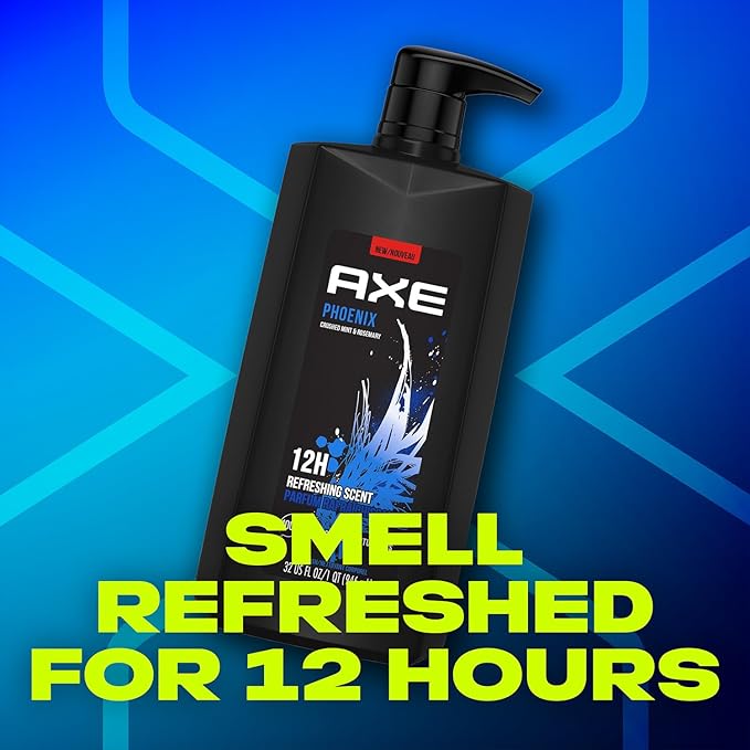 AXE Men's Body Wash & Shower Gel, Phoenix, 3-Pack, 12H Invigorating Crushed Mint & Rosemary Scent, 32 Fl Oz Ea
