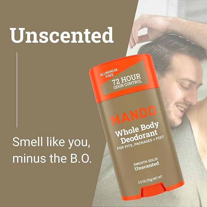 Mando Whole Body Deodorant For Men - Smooth Solid Stick - 72 Hour Odor Control - Aluminum Free, Baking Soda Free, Skin Safe - 2.6 Ounce (Pack of 2) - Unscented
