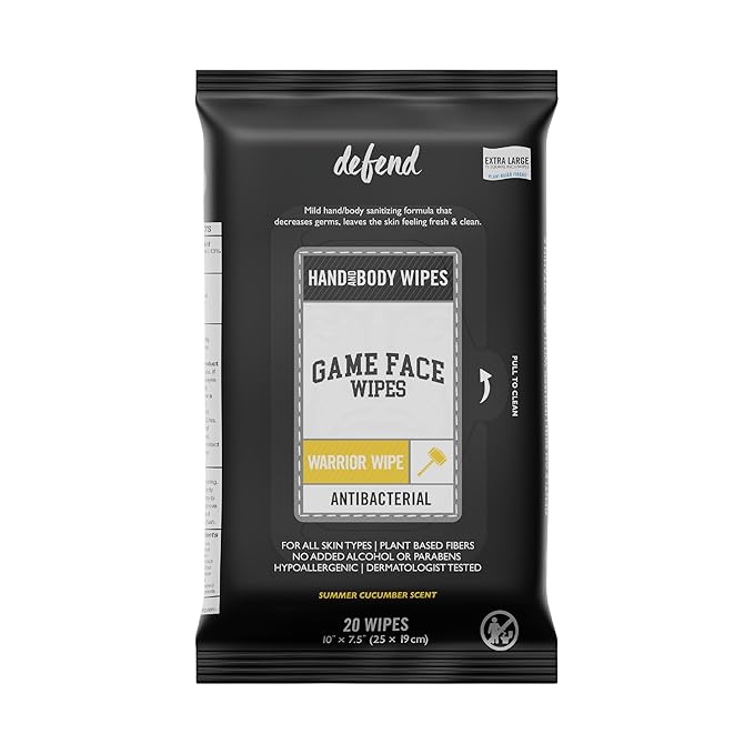 Game Face Antibacterial Warrior Wipes - Hand & Surface Disinfecting Wipes | 20 Count Pack XL Size 100% Compostable, Naturally Formulated | Leaves Skin Feeling Fresh & Clean | Cucumber & Lime Scent