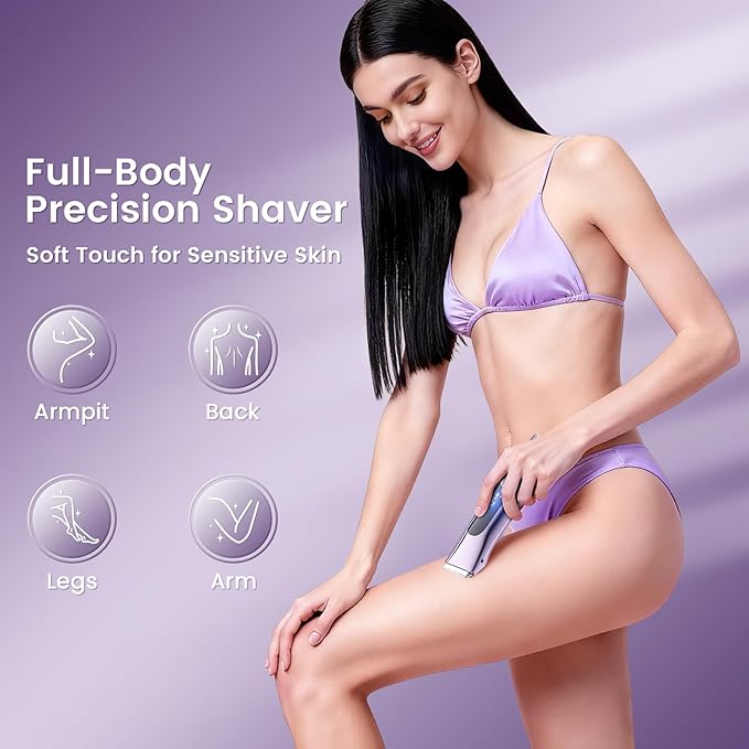 Bikini Trimmer for Women, 2-in-1 Electric Razor with Dual Heads, Ceramic Blade, Waterproof & Rechargeable, Painless Pubic Hair Shaver for Bikini, Underarm, Legs, Face | Gift for Her - Lightpurple
