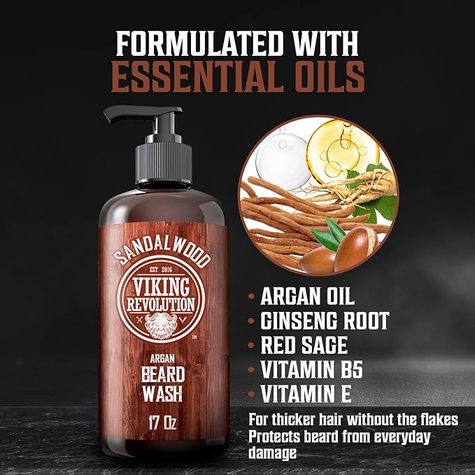 Viking Revolution Beard Wash Shampoo w/Argan & Jojoba Oils - Softens & Strengthens - Sandalwood Scent - 17 oz Shampoo