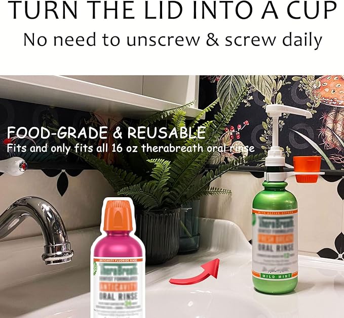 [Upgraded 3 Pack] Mouthwash Dispenser Pump with Cup Holder Set for TheraBreath 16 Fl Oz Mouthwash Oral Rinse, Fits ICY Mint, Mild Mint, Whitening, Anticavity, Kids, Alcohol-Free, etc.