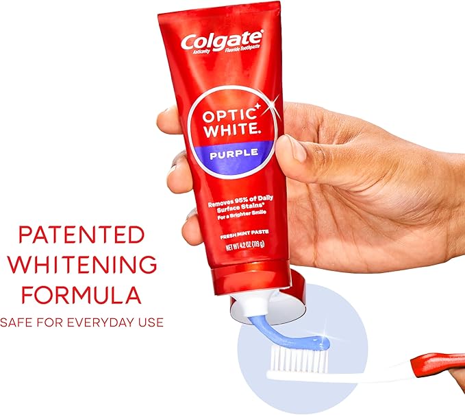 Colgate Optic White Purple Toothpaste for Teeth Whitening, Teeth Whitening Toothpaste with Fluoride, Helps Remove Surface Stains, Enamel-Safe for Daily Use, Mint, 3 Pack, 4.2 oz