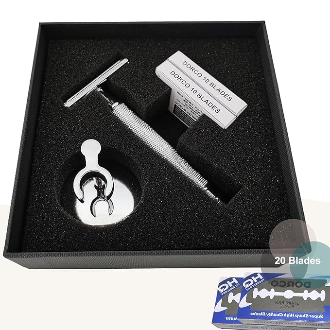 Double Edge Safety Razor Set With 20 Blades, Stand, Heavy Duty Kit for Men's Everyday Use and Smooth Close Shave (Silvery)
