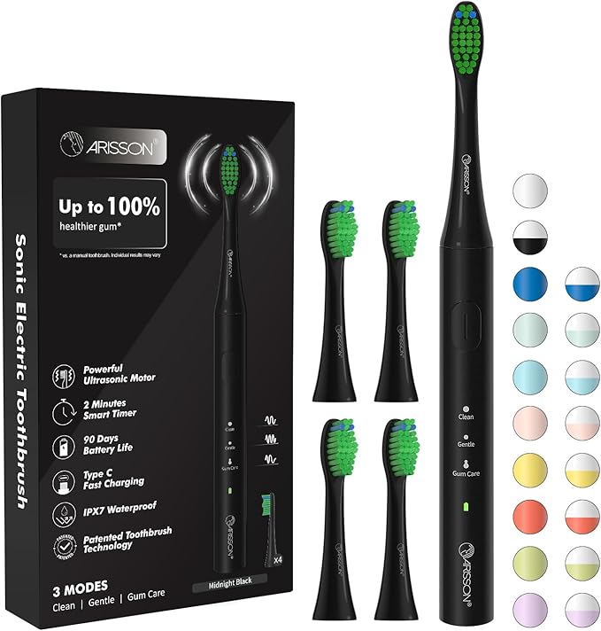 ARISSON Sonic Electric Toothbrush for Adults & Kids, 1.5H Fast Charge for 90 Days, 40,000 VPM Adjustable Clean, 4 Dupont Brush Heads, 1.6 Oz Compact Travel Case & Wall Holder, Black