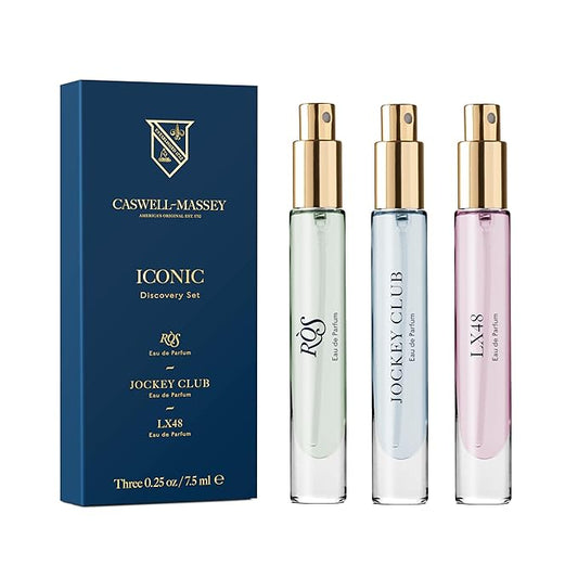 Caswell-Massey Iconic Discovery Set – Includes Jockey Club, LX48, RÒS – Fragrance for Men, Travel Size, Made in USA, 0.25 Fl Oz Each