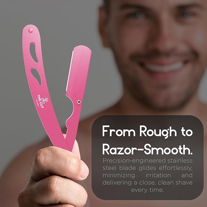 The Cut- Factory- Straight Razor with 20 Pack Platinum Treat Single Blade Razors for Men- Professional Barber Straight Edge Razor for Close Shaving 100 Percent Stainless Steel, Pink