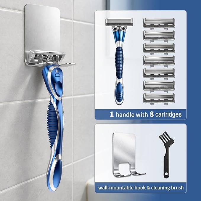 6-Blade Razor Refill Cartridges 8 Count, Professional Razor Blades for Men with Lubricating Strip, Wall Hook & Cleaning Brush Included for Smooth Shaving with Matching Handle