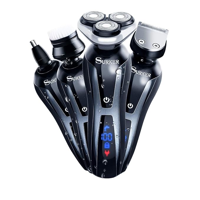 SURKER Electric Shaver Razor Cordless Beard Trimmer for Men Nose Hair Trimmer 3 in 1 Grooming Kit Plus 1 Facial Cleansing Brush Waterproof USB Rechargeable Dry Wet