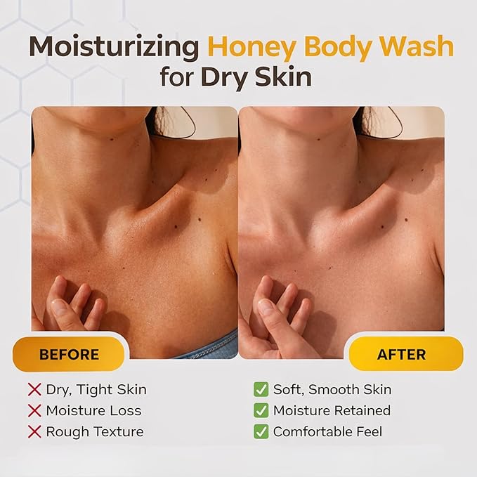 Organic Honey Body Wash – Honey Shower Gel w/Royal Jelly, Propolis & Real Honeycomb – Body Wash for Dry & Sensitive Skin – 16.9 fl oz / 500 ml Pump Bottle, Paraben & Sulfate Free