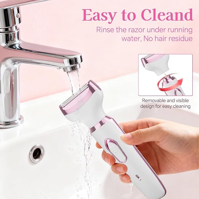 Women's Electric Shaver 4-in-1 - Waterproof Painless Hair Remover for Bikini, Face & Body, Cordless Wet/Dry Trimmer with Nose & Eyebrow Heads, Fast USB-C Charging, Gift for Women