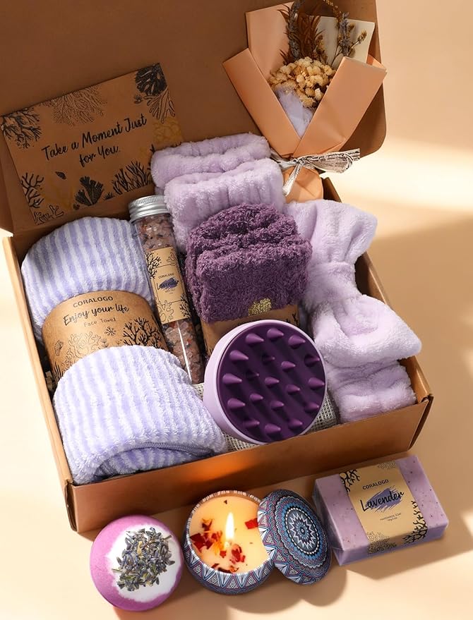 Coralogo Lavender Spa Gift Baskets - Natural Pampering Spa Set, Self-Care Get Well Soon Basket,Thank You Gifts, Unique 11pcs Gift Set for Birthday Christmas Valentines Day Mothers Day