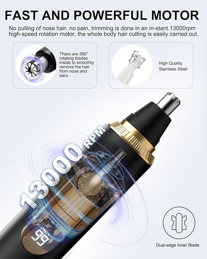 Nose Hair Trimmer for Men and Women,2025 Professional Painless IPX7 Waterproof Eyebrow & Facial Hair Trimmer,USB Rechargeable with LED Display Dual-Edge Blades for Smoother Cutting,BlackGold