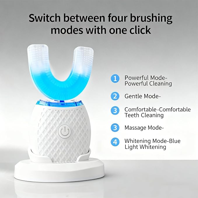 Ralexidog Smart U-Shaped Toothbrush for Adults, Automatic 360° Ultrasonic with Foam Mousse, Hands-Free, 4 Brush Heads, Blue LED Light, All-in-One Charging Base Kit (White)