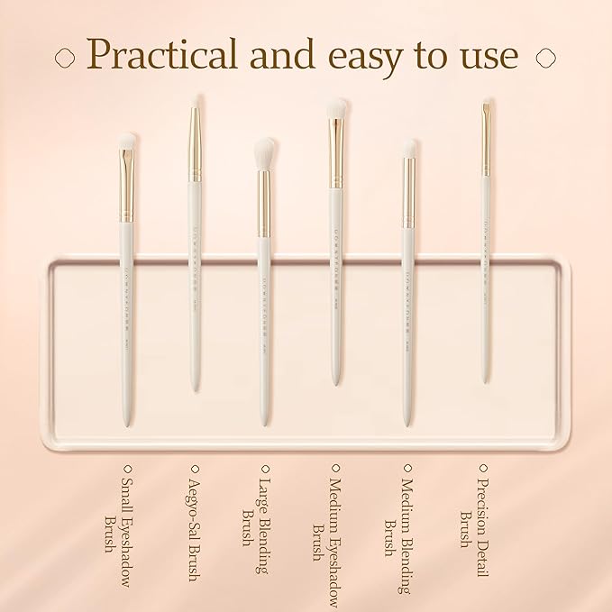Bisque Series 6 Piece Eye Brush Set Professional Makeup Brushes for Blending Base Shading Detail Work with Soft Nylon Bristles and Painted Birch Handle MJ907-MJ912