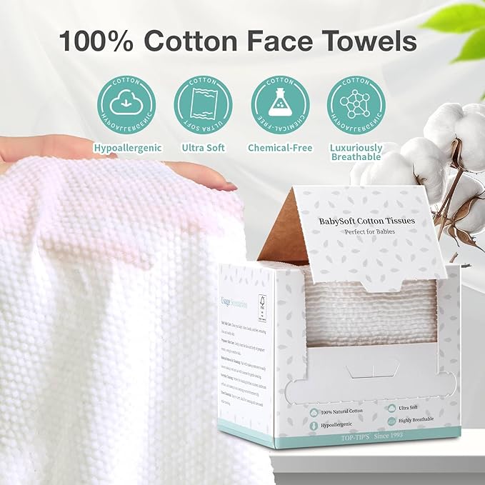 100% Pure Cotton Disposable Face Towel, 2 Pack Soft & Skin Friendly Face Towelettes Disposable for Sensitive Skin, Lint- Free Makeup Remover Dry Wipes, Thick Facial Towels Disposable