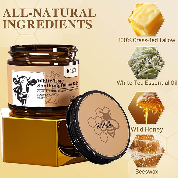 Beef Tallow Honey Balm, Grass-Fed Tallow Moisturizer for Face and Body, Deep Hydration Cream with White Tea Scent, Handmade Natural Skin Nourishment, 2.1 oz