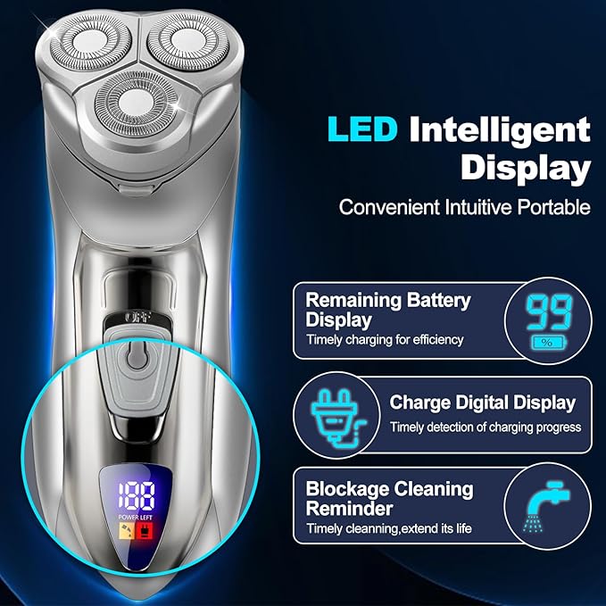 Sakioo Men's Electric Shaver, 3-Blade Rotary 4D Floating Head, IPX7 Waterproof Wet Dry Shaving, Type-C Rechargeable, LED Display Cordless Portable Travel Razor, Ideal Gift for Men