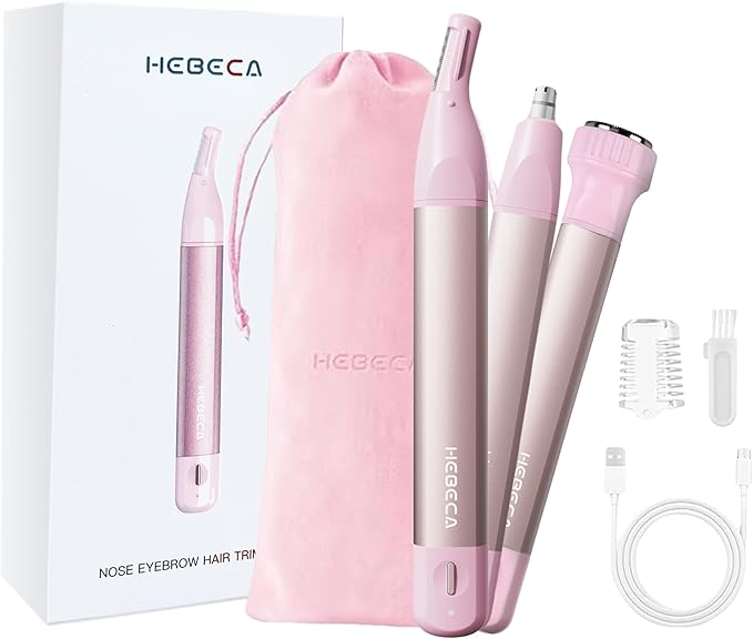 Nose Hair Trimmer for Women 3in1 Facial Hair Removal Trimmer - Metal Body, Rechargeable, Waterproof, Portable - Nose, Ear, Eyebrow, Peach-Fuzz, Lips, Chin (Pink)