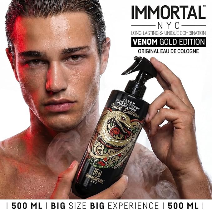 Immortal NYC Venom 'NEW GOLD EDITION', After Shave Spray Body/Face Men's Cologne, 17oz/500ml, Exclusive Barbers, Refreshes, Revitalizes and Relieves Face and Skin, Moisturizing Formula After Shaving