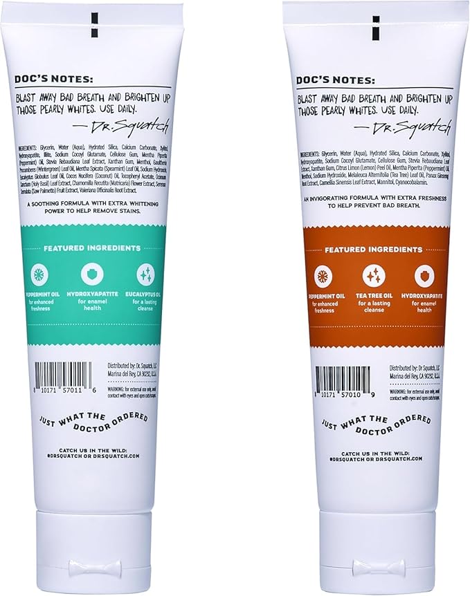 Dr. Squatch Hydroxyapatite Whitening Toothpaste - Natural, Fluoride-Free - Enamel Support - Day & Night Set - Citrus Mint & Spearmint, (4.7 oz, 2-Pack)