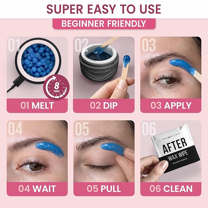 Tress Wellness Stripless Wax Kit for Face, Eyebrow & Lip for Women & Men – Quick & Easy Mini Wax Warmer for Eyebrow, Chin & Face Hair Removal Waxing Kit - USB, Mess-Free, Compact & Travel-Ready