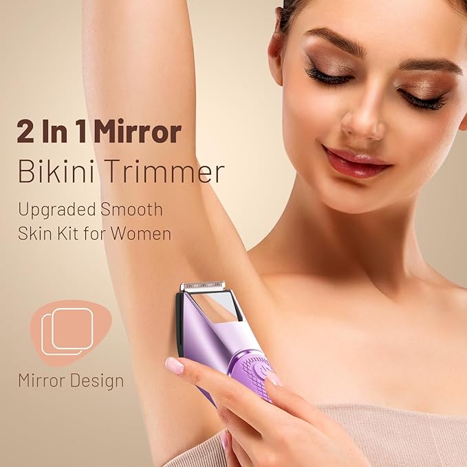 Rechargeable Bikini Trimmer for Women: Pubic Hair Razor with Mirror & LED Light - IPX7 Waterproof Electric Shaver, Travel Lock & Ceramic Blades for Legs Underarm - Shocking Purple
