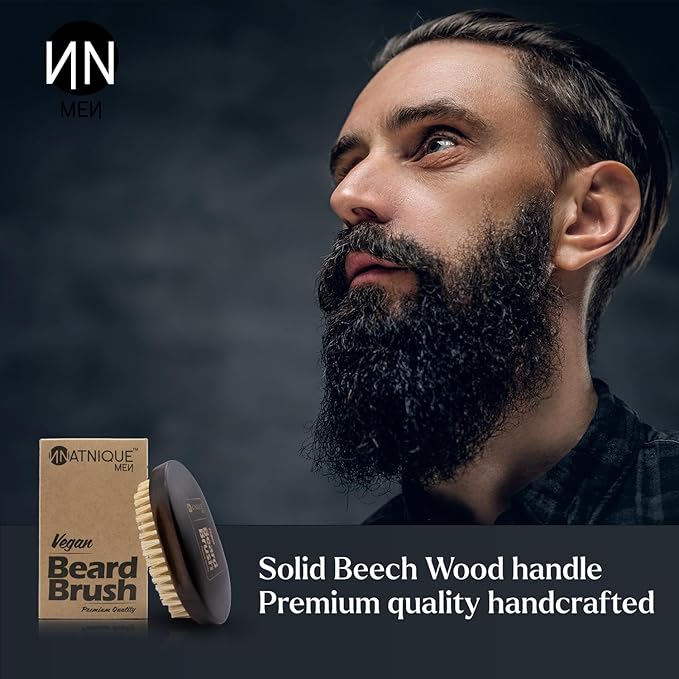 Natnique Vegan Beard Brush for Men, 100% Sisal Plant Bristles, Ergonomic Design with Natural Beachwood Handle - Men's Beard & Mustache Brush – 100% Natural, Non-Synthetic, Cruelty Free