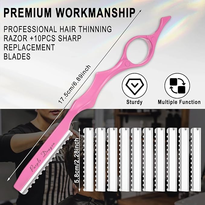 Hair Razors For Cutting Hair 7" Mental Thinning Styling Razors with 10 PCS Sharp Stainless Steel Blades Professional Hairs Styling Tool for Salon and Home (Pink)