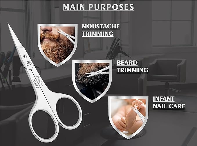 Nail Scissors Curved Professional for Women and Men, Facial Hair Small Grooming Scissors for Nail, Eyebrows, Nose Hair, Mustache, Beard, Eyelashes, Dry Skin - Manicure Scissors