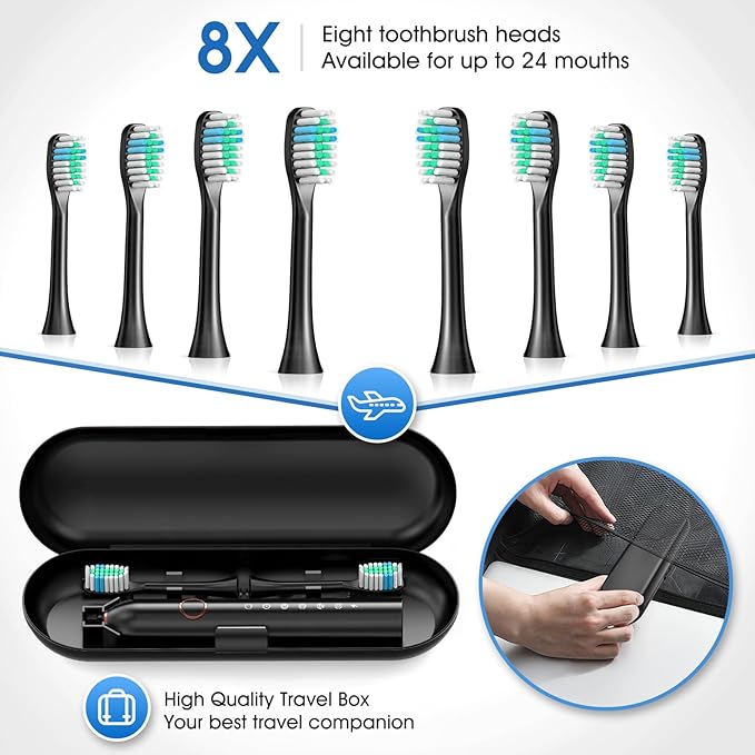 Electric Toothbrush, Sonic Type for Adults & Teens, 8 Brush Heads, Travel Case, 6 Modes, 40000 VPM Electric Motor, IPX7 Waterproof, 2 Minutes Timer, Wireless Charging, One Charge for 100 Days (Black)