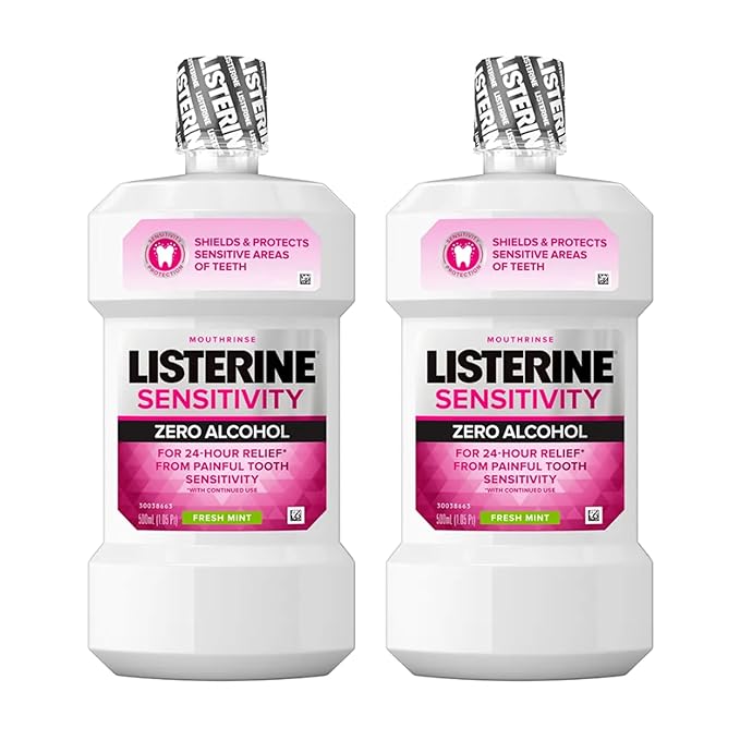 Listerine Sensitivity Alcohol Free Mouthwash, for Sensitive Teeth, Bad Breath Treatment, Oral Rinse for Adults; Fresh Mint Flavor, 500 mL, 2 Pack