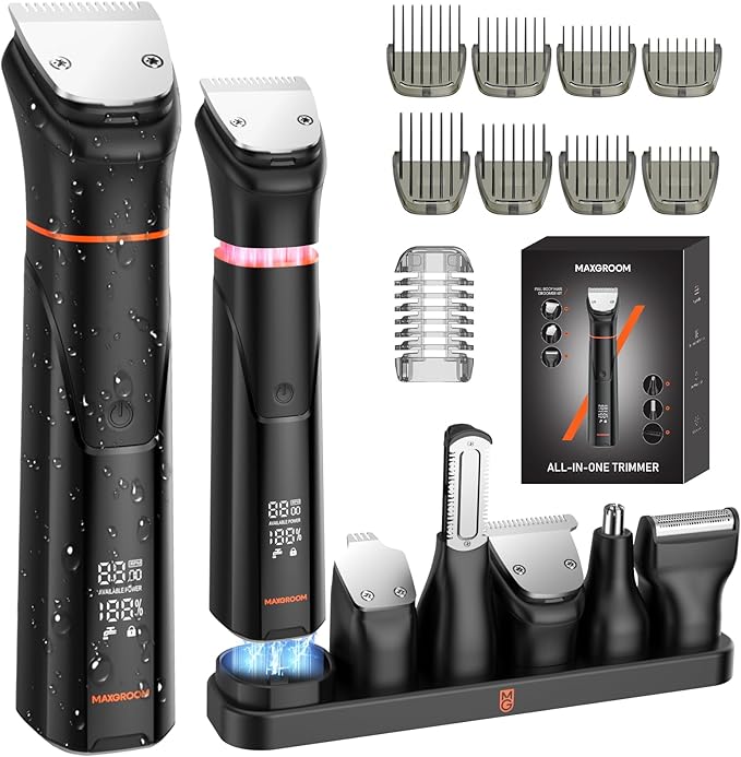 All-in-One Beard Trimmer for Men, Electric Waterproof Wet/Dry Razor Shaver for Mustache, Facial, Beard Styler, Mens Beard Grooming Kit with LED Display, USB Recharge - Black