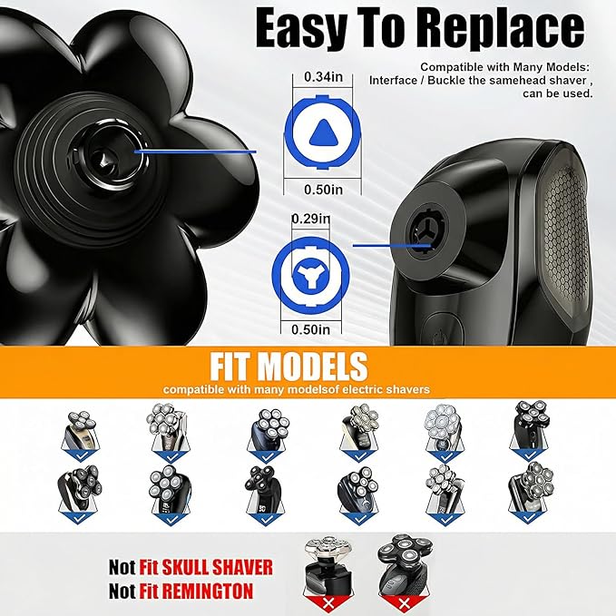 7 Head Magnetic Shaver Head Replacement for Freebird/SHPAVVER/Wyklaus/Cyruzi Head Shaver Bald Men - Universal Fit for Most Brand Shavers, Head & Face Grooming (Black/2Pack)