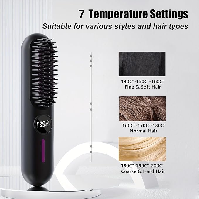 Beard Straightener for Men, Cordless Heated Beard Brush, Portable Beard Hot Combs, Ionic Hair Straightener Brush with 7 Temp Settings, Hot Comb for Home Travel