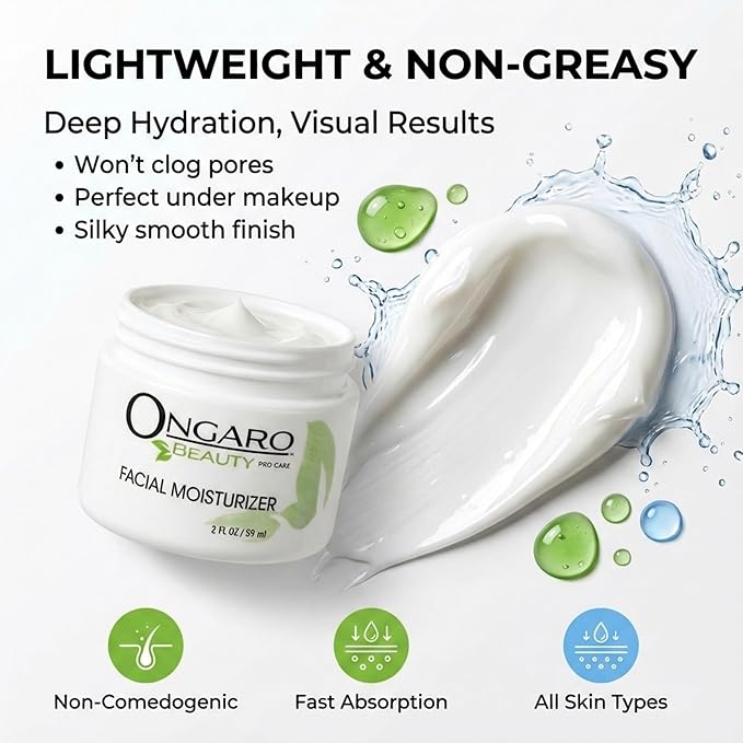 Ongaro Beauty Organic Face Moisturizer - Hydrating Face Cream, Probiotic Moisturizer with Aloe Vera, Vitamin A, C & E - Hyaluronic Acid, Face Lotion for All Skin Types - Nourishes Skin - 2 fl. Oz